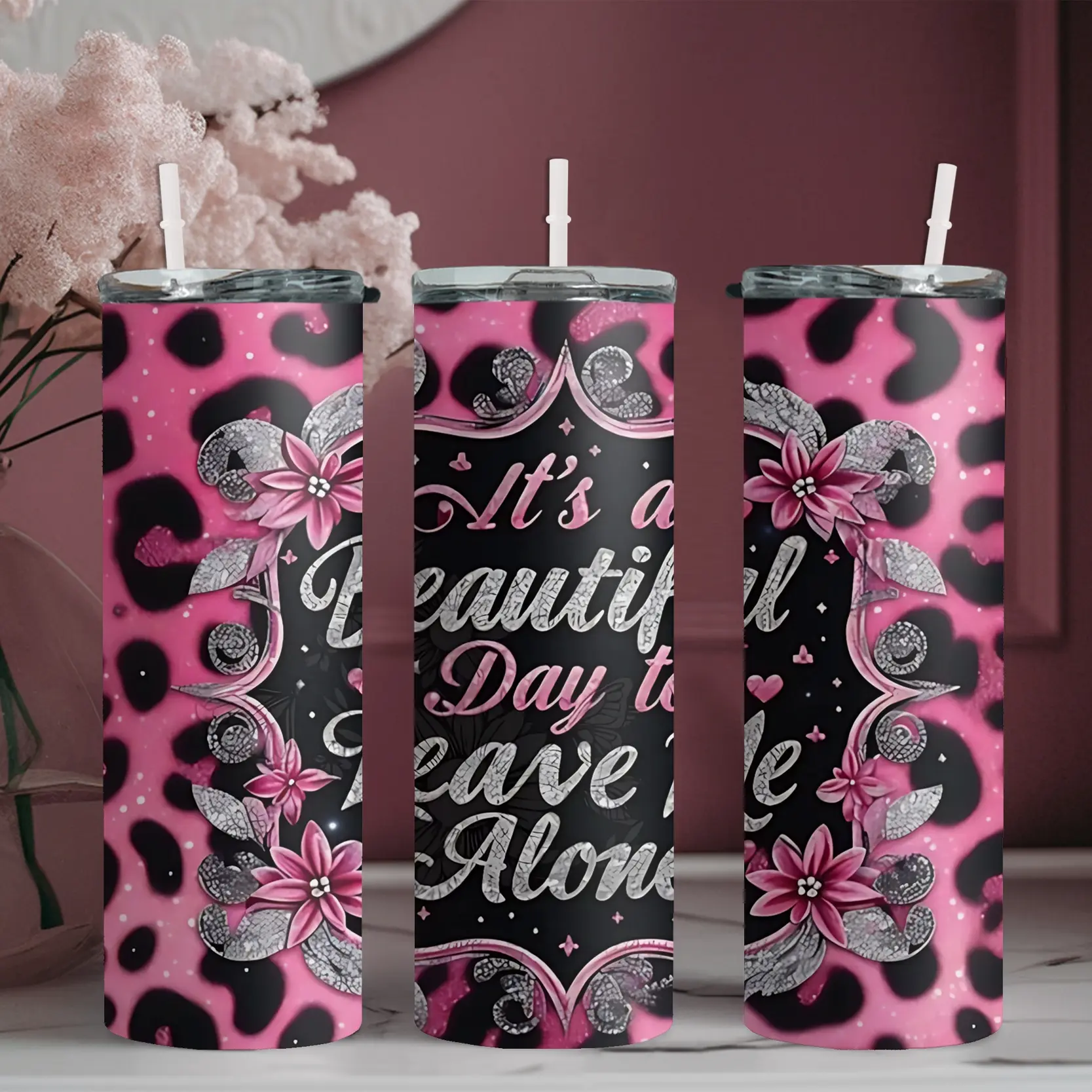20oz stainless steel water bottle with straw, Floral border pattern design on pink leopard print background skinny tumbler, suitable for fitness, travel, driving, and daily use at home. A great gift for family and friends | 1pc