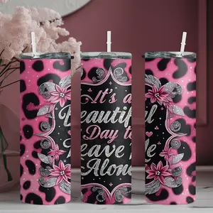 20oz stainless steel water bottle with straw, Floral border pattern design on pink leopard print background skinny tumbler, suitable for fitness, travel, driving, and daily use at home. A great gift for family and friends | 1pc