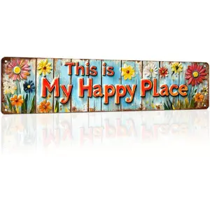 This is My Happy Place Metal Tin Sign Rustic Floral Wall Decor for Farmhouse Kitchen Living Room Bedroom Entryway 4x16 Inch