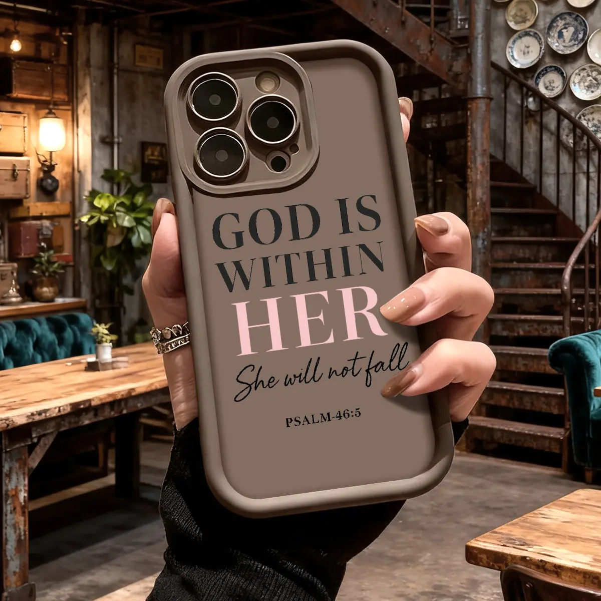 Religious Inspirational "God Is Within Her" Bible Verse Mobile Phone Casing, Shockproof Protective Casing, Durable TPU Accessories, Full Protection Multi-Model Fits iPhone 17,16,15,14 Pro Max,13,12,11,Air,XR,XS Plus, Anti-Drop