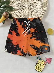 Boys Colorblock Graffiti 3D Beach Pants, Casual Fitted Knee Length, Perfect for Outdoor Activities, Holiday Gifts, Birthday Presents
