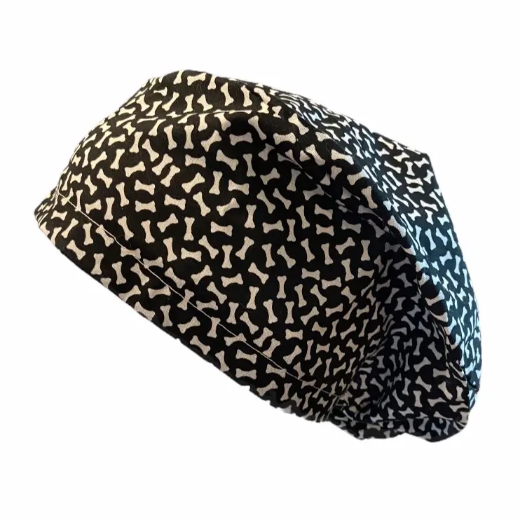 Dog Bones Surgical Hat - Black and White Patterned Design, Adjustable Fit, Suitable for Various Occasions
