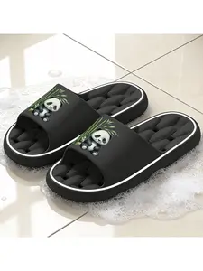 Cute Panda with Bamboo Print Quick-Dry Hollow Out Slide Slippers, Non-Slip Drainage Bathroom Shower Shoes, Soft Cushioned Home Sandals for Kawaii & Nature Style Lovers