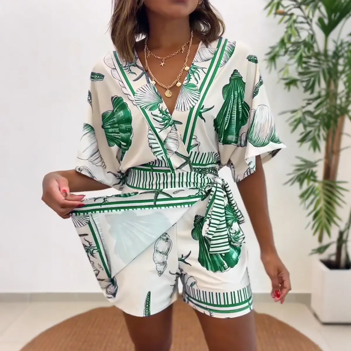 CHICME Women's Ocean Starfish & Seashell Print Romper Overlap V-Neck Half Sleeve Jumpsuit Stretchy High Waist Wrap Knot Side Beach Playsuit