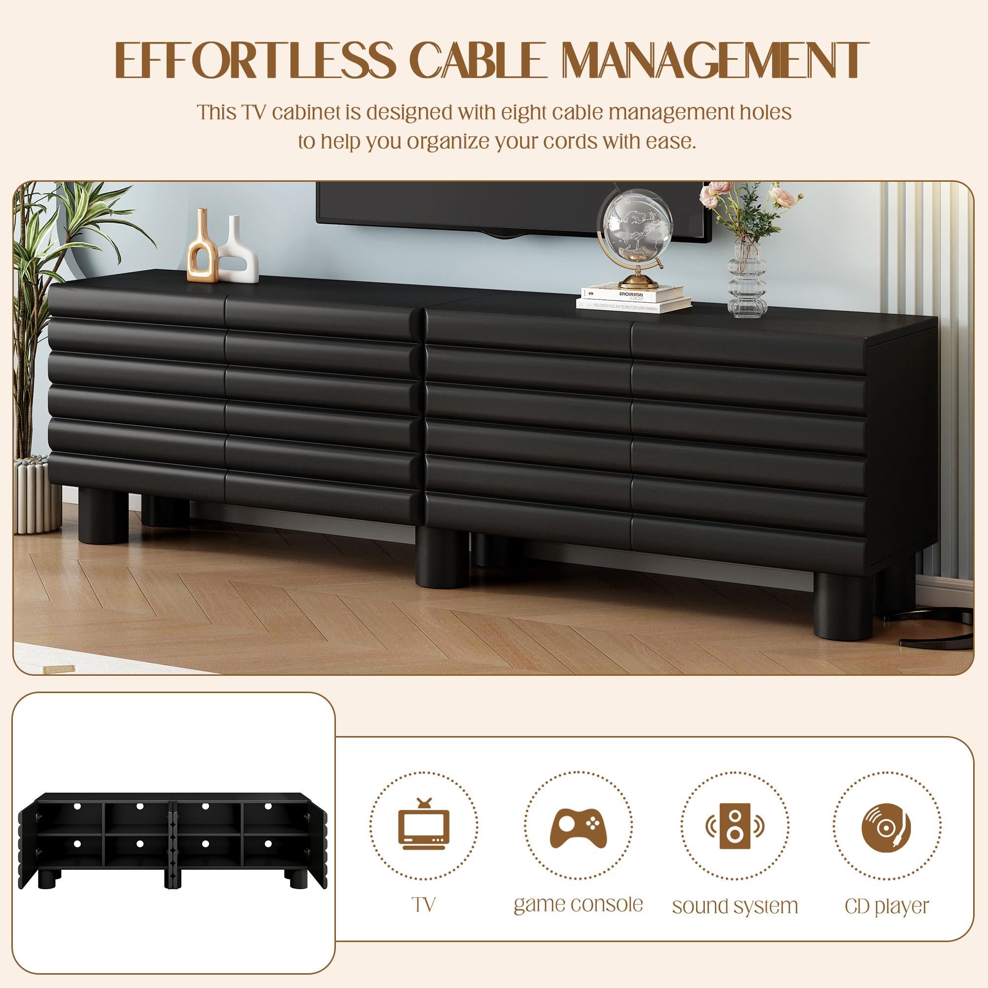 Modern Farmhouse MDF Wood Rectangular TV Stand - Cream White Single Unit for 75" TV, Wavy Door Media Console with Adjustable Shelves, 8 Cable Holes, Cylindrical Legs, Living Room Storage, Requires Assembly