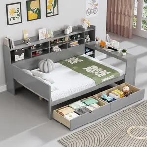 Bellemave Wooden Twin Size Day Bed Frame - Bedroom Bedframe, Storage Bed with 2 Storage Drawers, Shelves & Study Desk, Modern Space-Saving Multi-Functional Indoor Furniture, Storage Beds