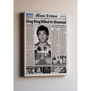 Scarface Tony Montana Newspaper Canvas Poster, Retro Miami Tribune Wall Art, Classic Movie Decor for Man Cave, Vintage Gangster Print, Home Office Wall Decor