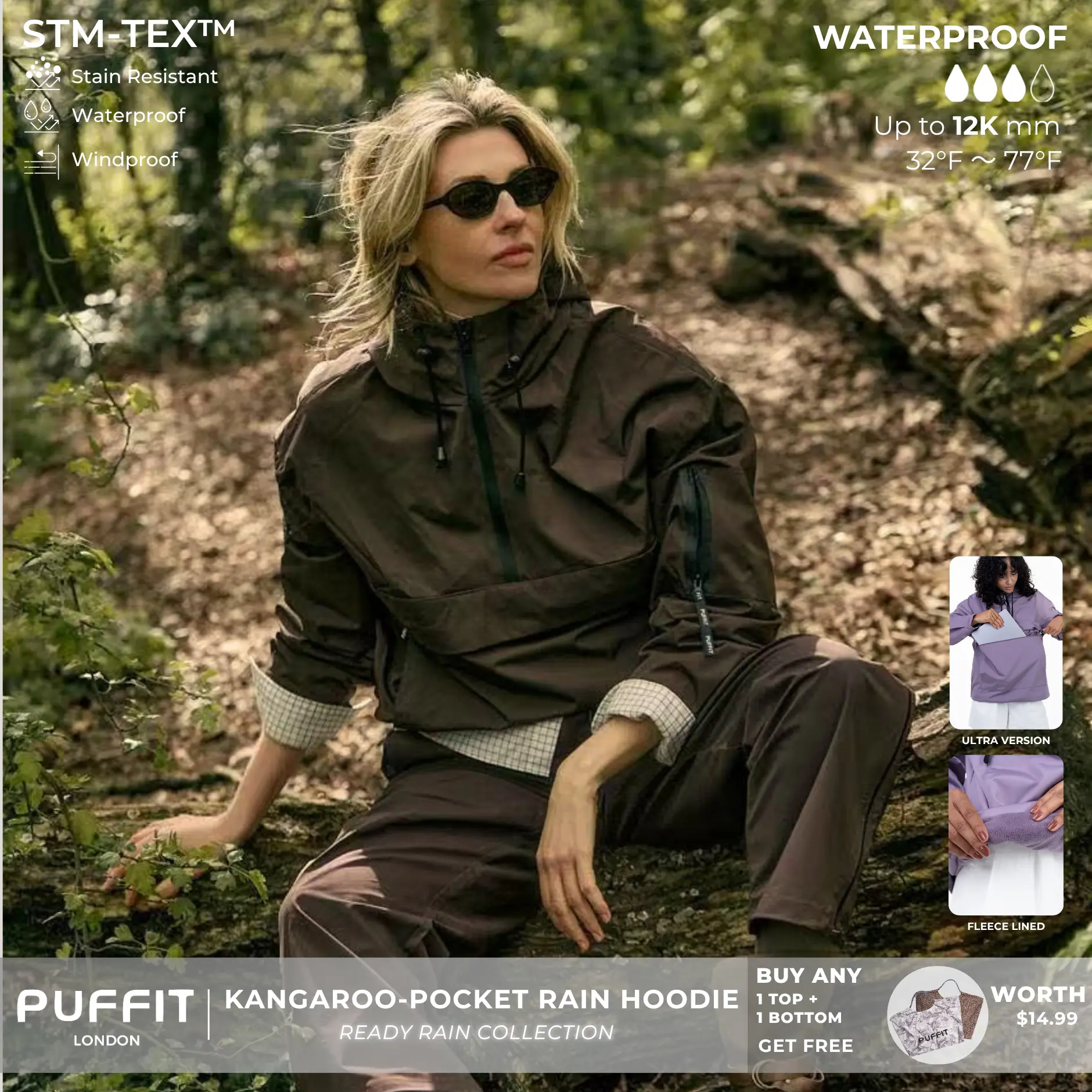 【Restocked】PUFFIT STM-TEX Waterproof Relaxed Fit Hoodie Coat Warm Half Zip Rain Jacket With Adjustable Waist,Hood & Cuffs,Large Kangaroo Pocket,Shell Jacket,Ski Jacket,Windbreaker,Fall&Winter Jacket ,Dog Walking,School Running,Womenswear,2026 Shopping