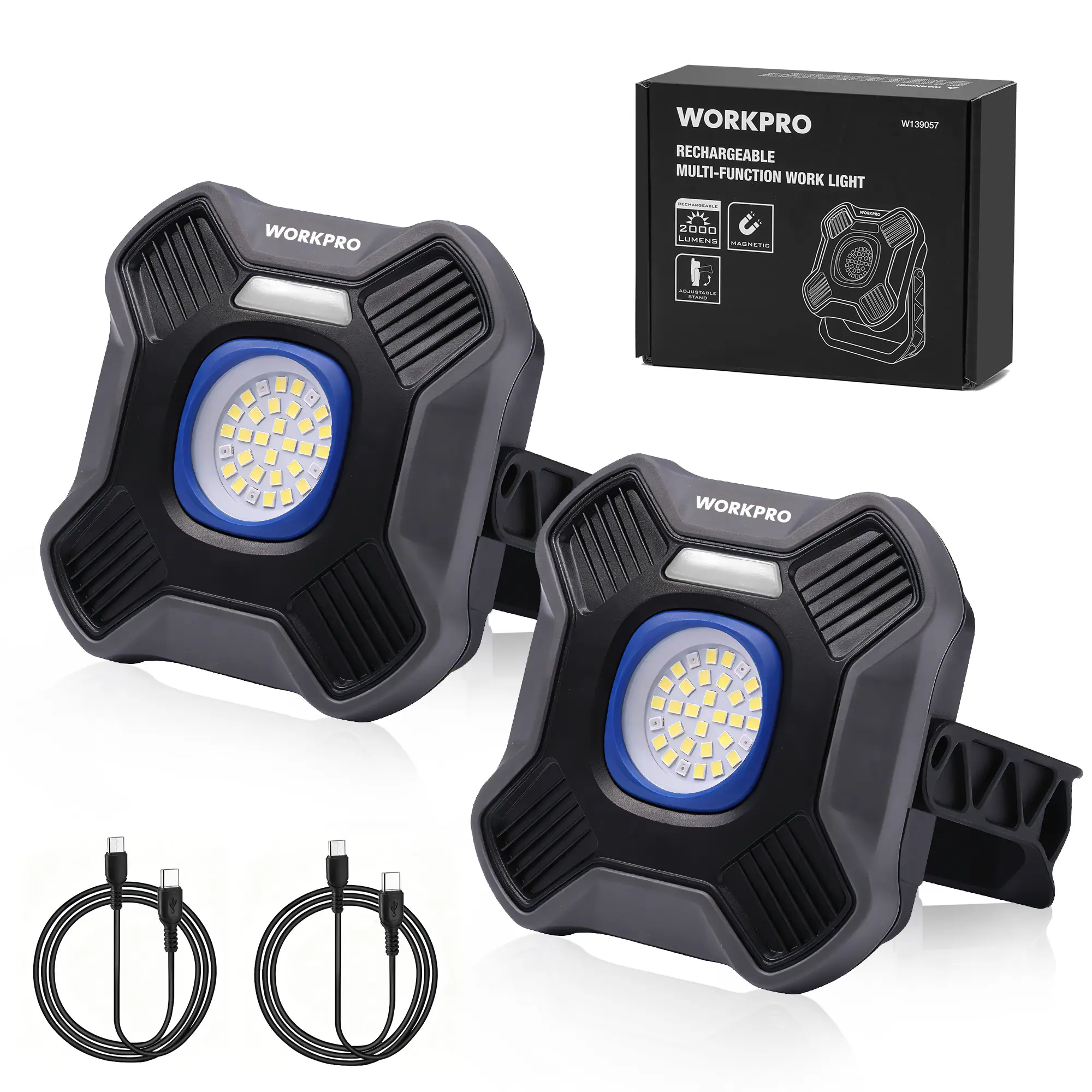 WORKPRO Magnetic Work Light, 4000mAh Rechargeable LED Work Lights, 2000LM, Portable Flood Light with Stand, Mechanic Light with 5 Modes - for Camping, Fishing, Car Repair, Emergency, Job Site Lighting,