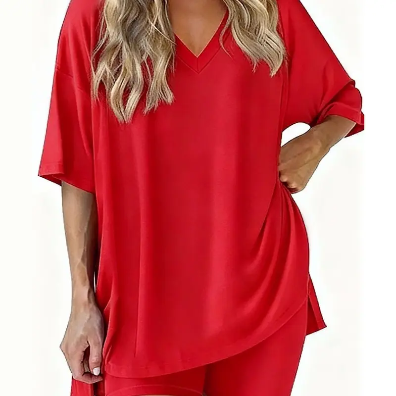 PHEFEE Women's 2-Piece Oversized Lightweight Summer Athleisure Co Ord Set - Drop Shoulder Slouchy V-Neck Tunic Top, High-Waisted Elastic Drape Biker Shorts, Mix-Match Ready Top Shorts Set Outfit