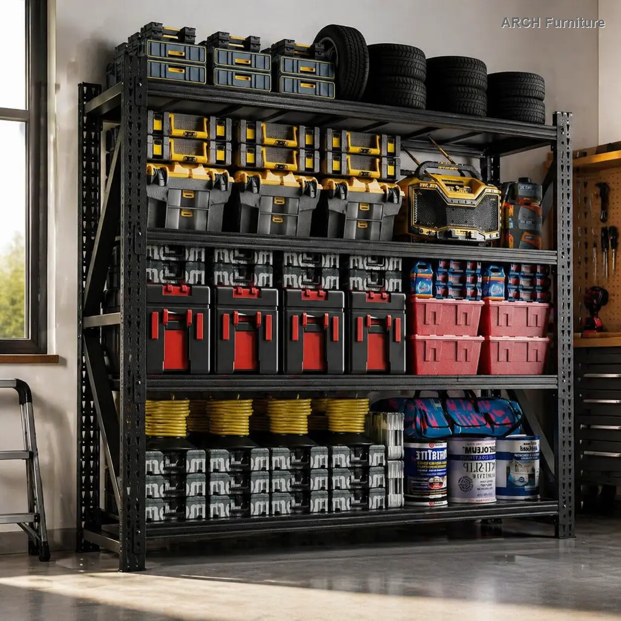 Black Adjustable 4-Tier Heavy-Duty Metal Utility Rack, 79x75in Industrial Wall-Mount Anti-Rust Multi-Deck Steel Storage Organizer with 6000 lbs Capacity, Easy Plastic Hardware Installation for Warehouse, Home, Adjustable Utility Racks, Anti-Rust Utility R