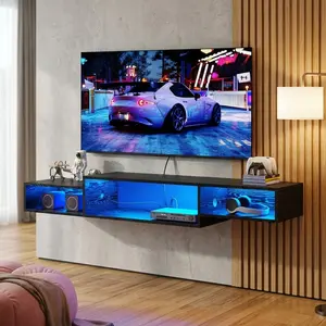 59'' Floating TV Shelf with LED Lights & Power Outlet, Floating TV Stand with Storage, Entertainment Center Media Console Cabinet for Gaming Box/Audio/Video, Suitable for Living Room/Bedroom, Black/Rustic Brown, Space-Saving Design for Home Decor