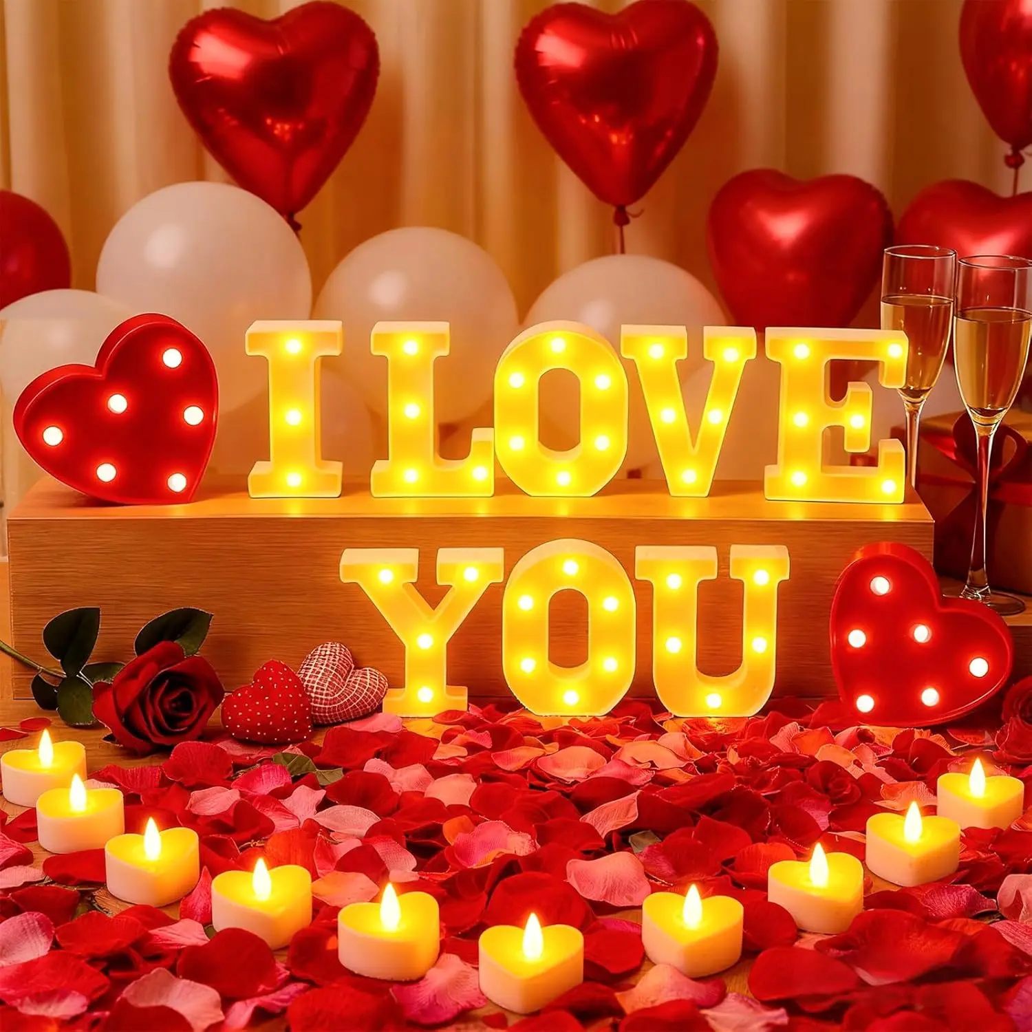 73 count I Love You Light Up Letters Set, with 30  Lights Candles, Rose Petals, Round Pearlescent Balloon,  Balloons, Romantic Valentine's Day Wedding Engagement Birthday Party Decoration