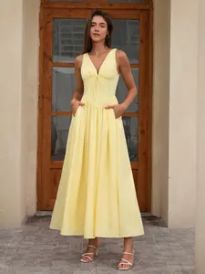 Deep V-neck Tie Backless Ruched Dress with Pockets, Boned Waist A-line Dress, Elegant Romantic and Comfortable Daily Party Date Dress