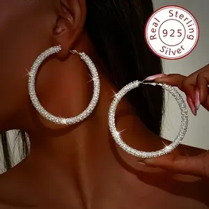 Luxury Sterling Silver Ring Shine Earrings for Women a Pair, S925 Sterling Silver Big Circle Shine Earrings, French Style High-End Elegant, Fashionable and Exquisite