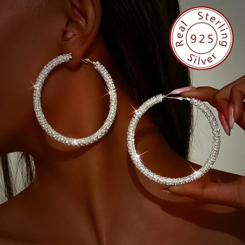 Women's S925 Sterling Silver Statement Earrings, French Style High-End Elegant Big Circle Shine Earrings, Luxury Exquisite Fashionable Everyday Costume Jewelry, Statement Earrings Everyday