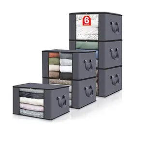 6 Pack Foldable Clothes Storage Bags Organiser with Durable Handles, Zipper Storage Box with Lid & Transparent Window, Heavy Duty Cloth Pouches for Moving, Packing, Storing Toys, Bedding, Seasonal Change (60L)