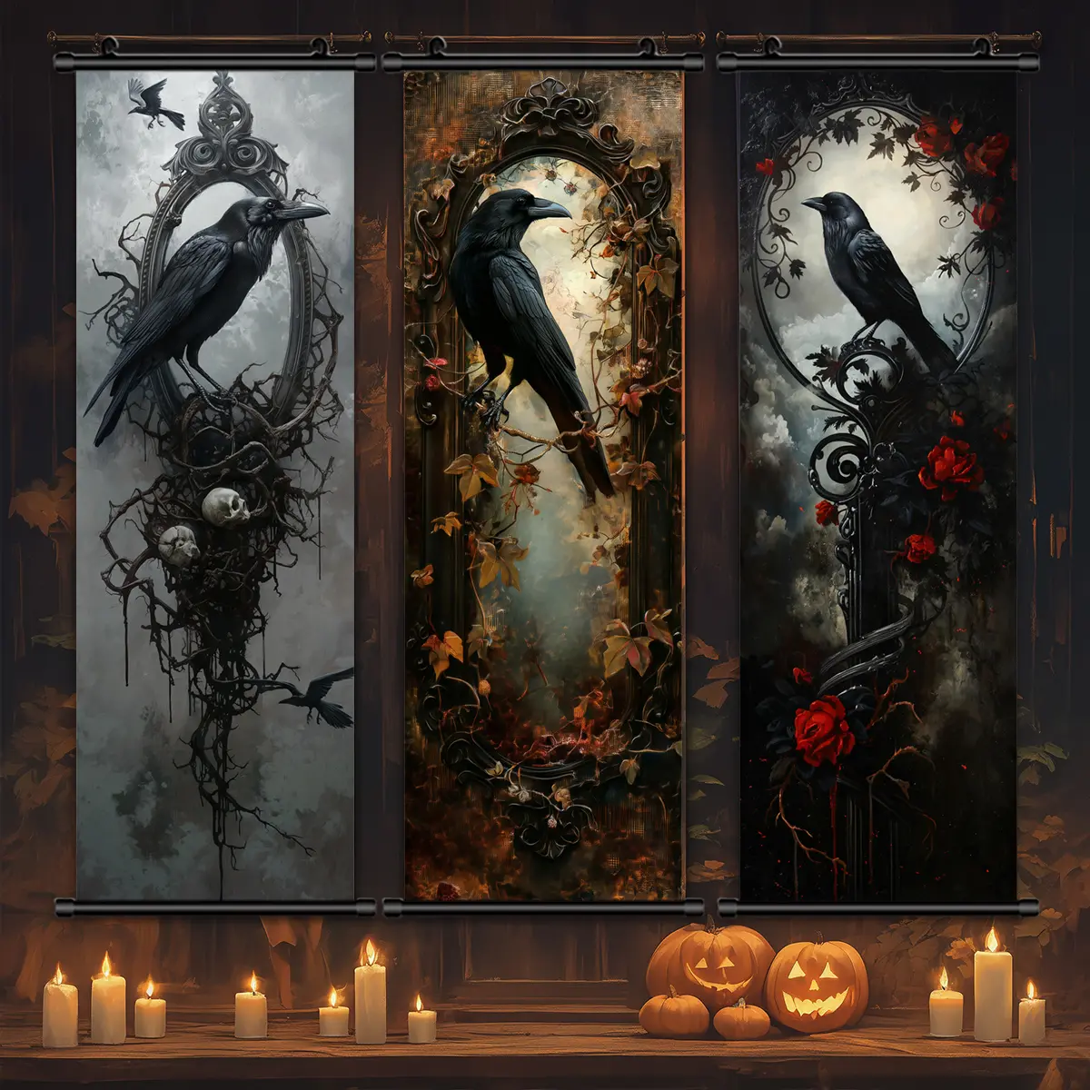 3 Counts Halloween Hanging Banner, Gothic Ravens And Roses, Halloween Mural And Decorative Posters, Fun Party Decorations, Horror Themes, Creepy, Living Room, Bedroom, Home Posters, High Definition, Waterproof Banners, Wall Decor Flags, Ideal Gifts