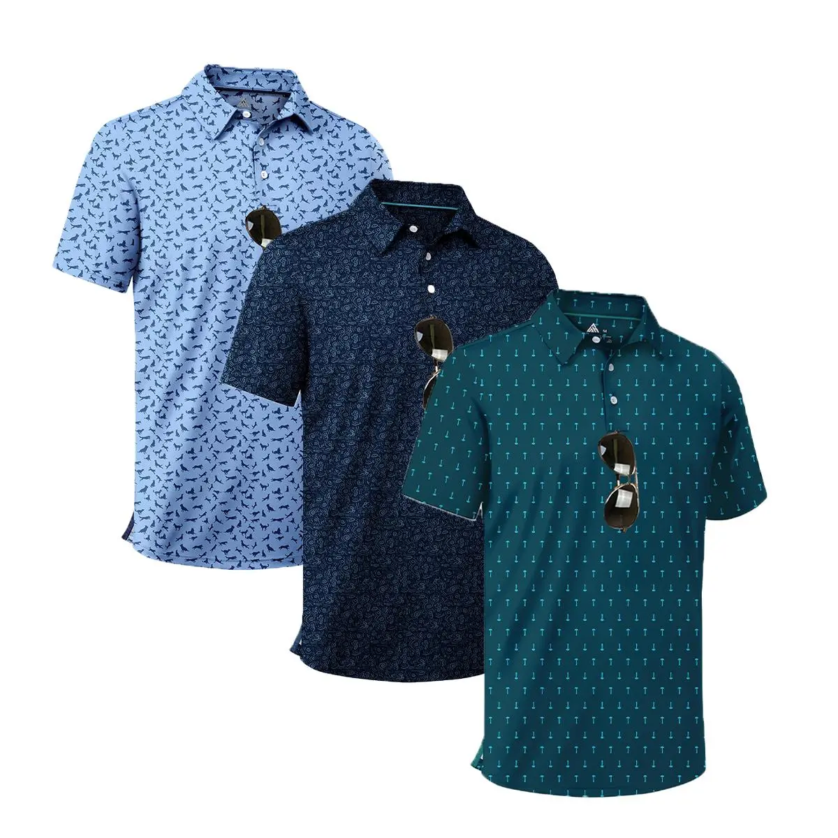 ZITY Men’s 3-Pack Short Sleeve All Over Print Polo Shirts - 4-Way Stretch, Breathable, Moisture Wicking, Cool Touch, UPF 50+ Protection, Casual Outdoor Men's Clothing Top - Holiday Mens Gifts, Gifts for Boyfriend Sport Menswear