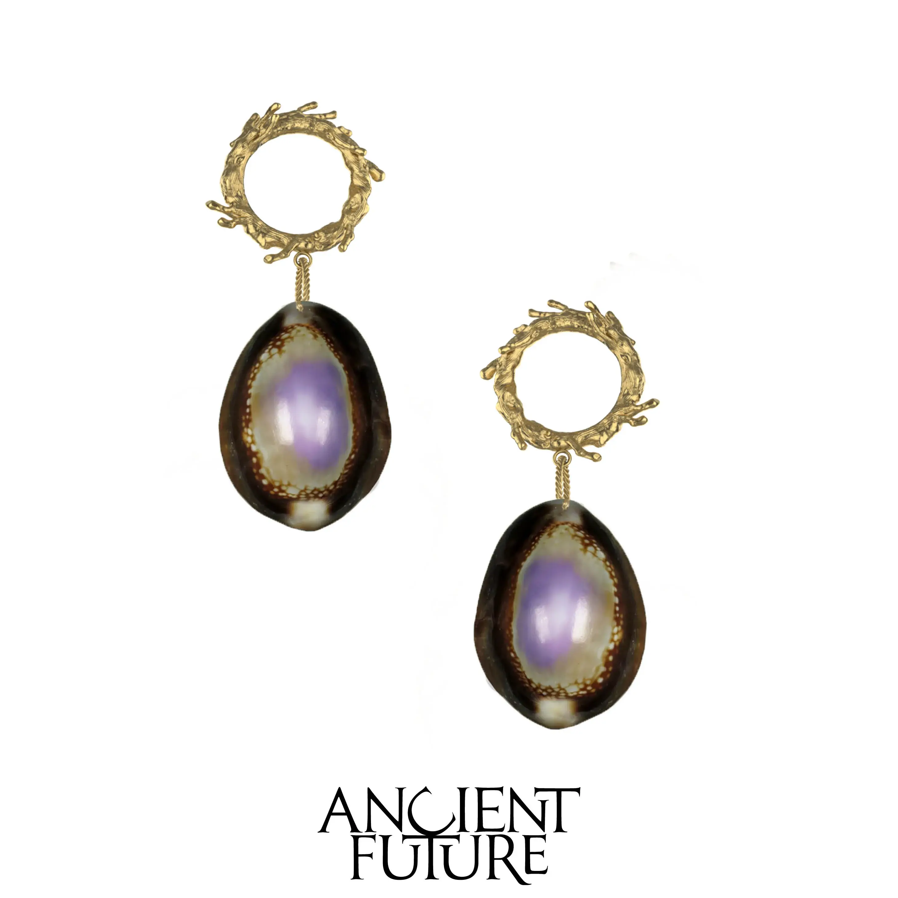 ANCIENT FUTURE Handmade Cowry Shell Drop Earrings – Gold Brass Coral Hoop Ocean-Inspired Statement Dangle Earrings for Women