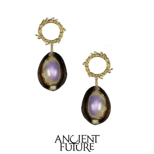 ANCIENT FUTURE Handmade Cowry Shell Drop Earrings – Gold Brass Coral Hoop Ocean-Inspired Statement Dangle Earrings for Women