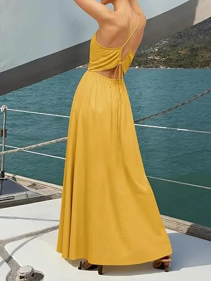 Yousify Womens Deep V Neck Maxi Dresses Sleeveless Ruched Flowy Dress  Summer Casual Beach Vacation Outfits Plain Style Basic Minimalist - TikTok  Shop