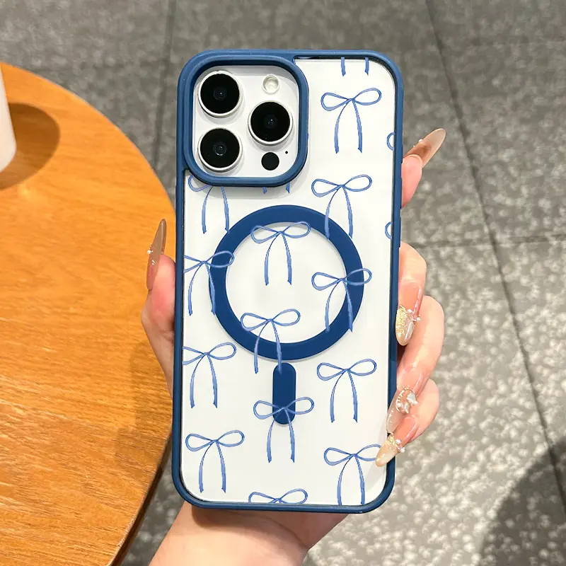 Premium Magnetic MagSafe-Ready Shockproof TPU Phone Cover Casing for iPhone 11/12/13/14/15/16/17 Pro Max, Aesthetic Blue Bows Pattern, Anti-Drop Protection, Ultra-Thin Lightweight Handheld Device Accessory for Everyday Use
