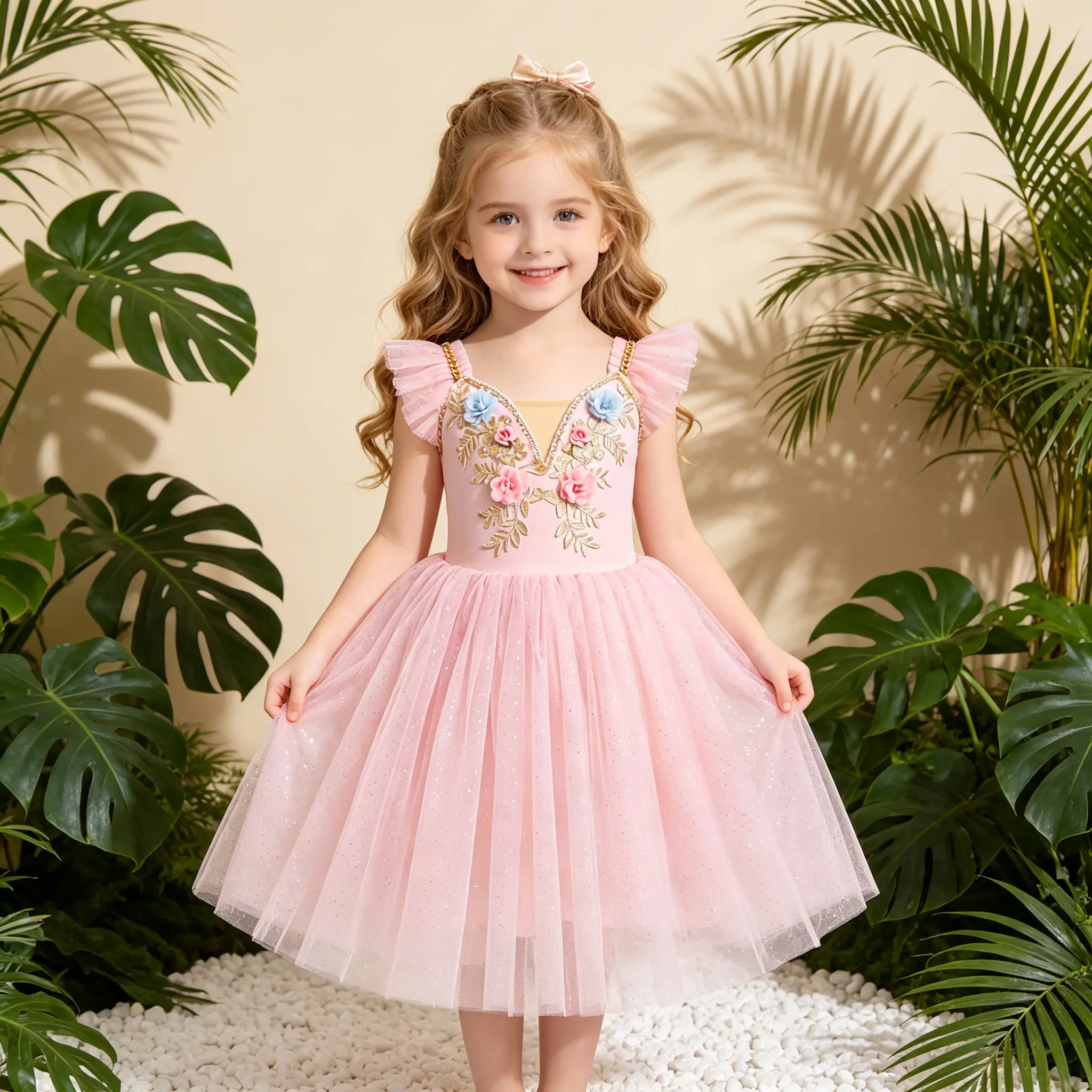 Girls Ballet Leotard Tutu Dress, Pink Floral Applique Ruffle Sleeve Sparkle Tulle Princess Costume, Toddler Kids Gymnastics Dance Outfit for Birthday Party Performance Halloween Dress Up