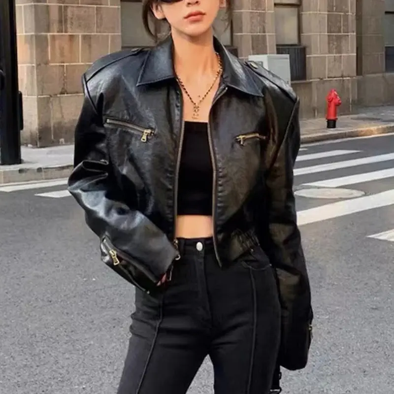 Women's Vintage Lapel Two-Way Zipper Short Slim Oil Wax Cow Leather Jacket