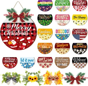 Interchangeable Welcome Sign for Front Door with 17 Magnetic Icons, Wooden Wreaths and 17 Changeable Icons