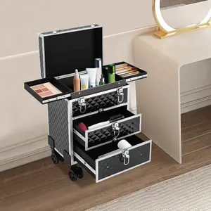 Professional Rolling Makeup Case, Cosmetic Organizer with Sliding Drawers, Makeup Case with 360° Rotatable Wheels Black