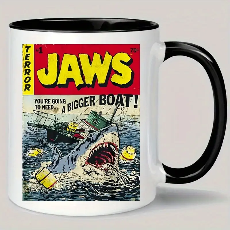 Humorous Coffee Cup - Jaws Cartoon Pulp Art Attack Comic Design Ceramic Thermal Reusable Drinking Mug, Hand Wash Only, Gifts for Men