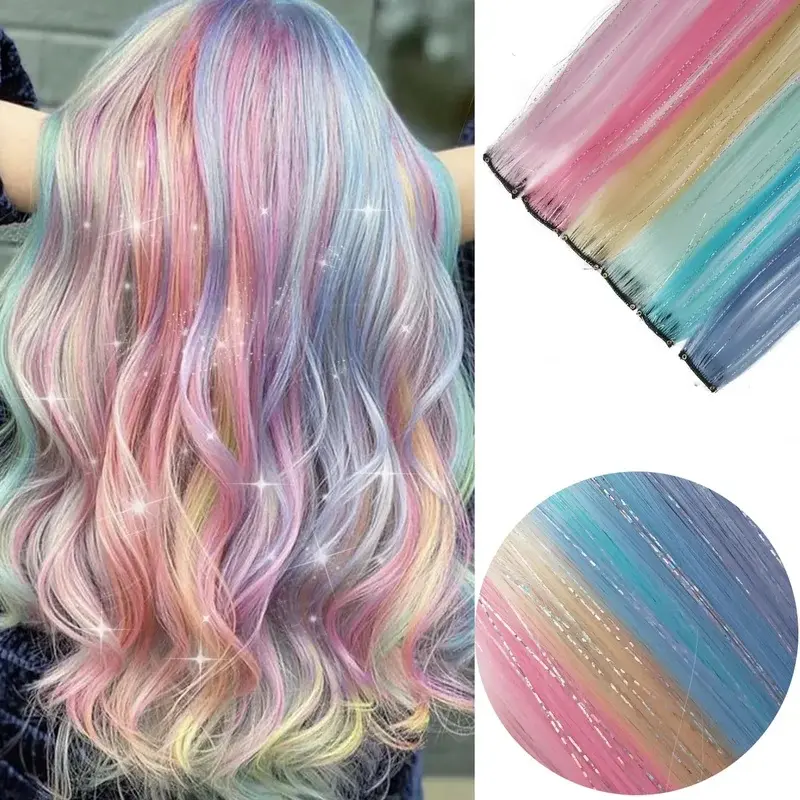 New Multicolor Clip in Hair Extensions Mix tinsels Colored Hair Extensions,2 in 1 Rainbow Hair with Silver Tinsels for