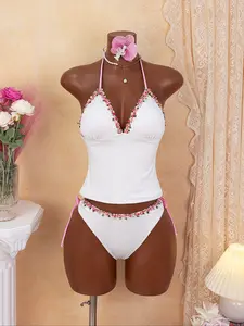 Women's Fashion Tankini Set, Pure Color Special Fabric Floral Lace Sexy Two-Piece Swimsuit, Floral Print Tankini, Perfect for Beach Vacation Pool Party