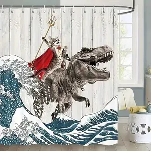 Handsome kitten shower curtain for dinosaur surfing, perfect for bathroom decoration, partitions, beautification space, polyester durable material, easy to clean, machine washable, multiple sizes to choose from, shower curtain hook