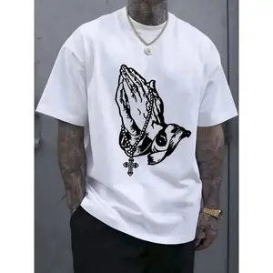 Cotton Short Sleeve  T-Shirt Men's "Pray" Graphic Cotton T-Shirt Breathable & Comfortable, Short Sleeve, Round Neck, Casual Summer Wear, Everyday Clothing |       Streetwear Fashion |       Smooth Texture Crewneck Top Graphic tees Fabric Menswear