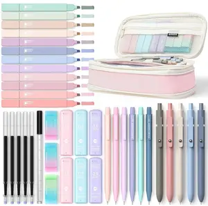 Four Candies 39 PCS Aesthetic School Supplies with Cute Pen Case, 12 Pastel Highlighters, 5 Black Ink Gel Pens, 6 Mechanical Pencils Set for Students Stationary College Essentials (Pink)