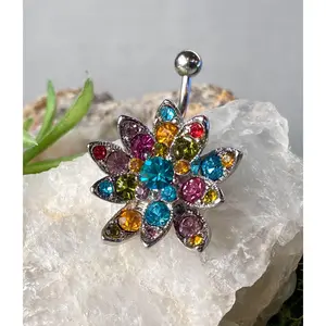 Hinged Multi-color Gem Flower Belly Ring Navel Naval Piercing Body Jewelry