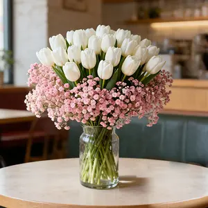Artificial white tulips and pink breath flowers, perfect for floral arrangements or vase decoration, ideal for home decor, Valentine's Day, weddings, etc.