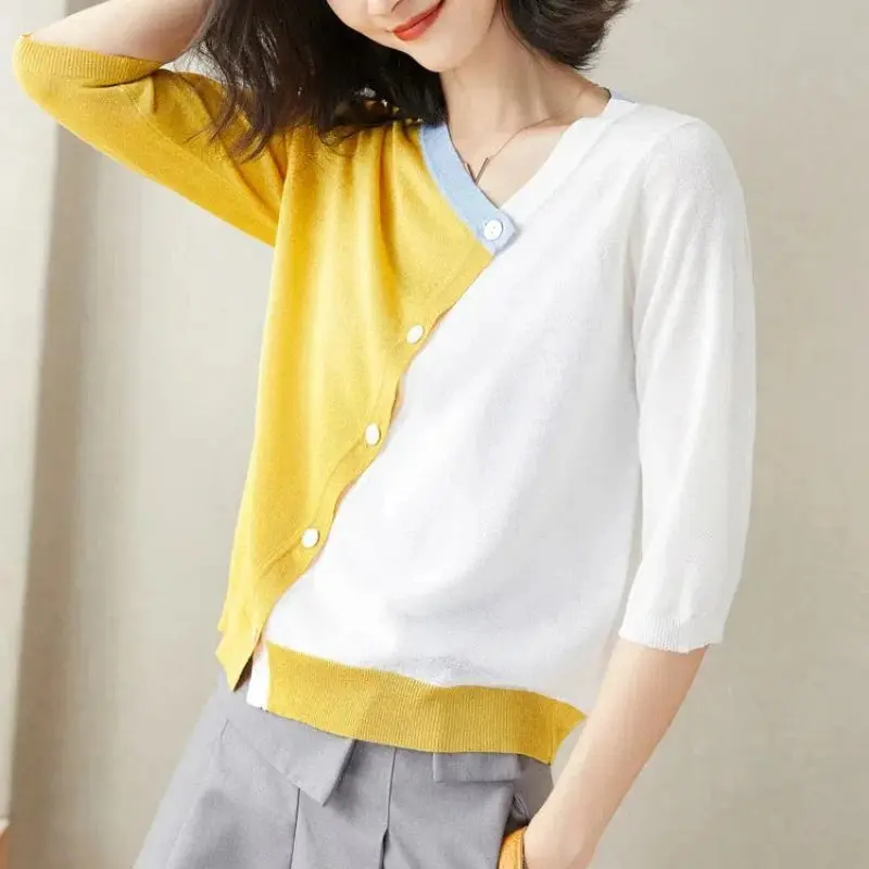 V-Neck Patchwork Cardigan - Contrast Color, Asymmetrical Design