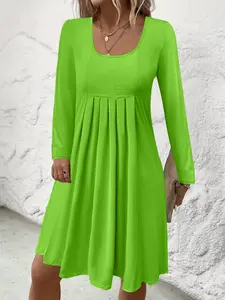 Plus Size Women's Loose Solid Color Long Sleeve Dress, Pleated & Ruffle Design, Casual Wear, Perfect for Any Occasion & Outing