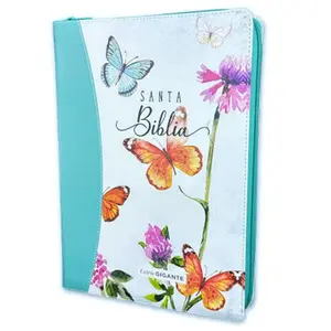 Bible in Spanish for Women Letter 15 points with zipper Reina Valera 1960 imitation leather white and turquoise floral with butterflies with index