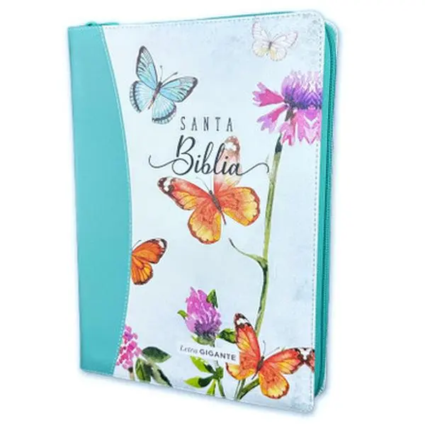Bible in Spanish for Women Letter 15 points with zipper Reina Valera 1960 imitation leather white and turquoise floral with butterflies with index