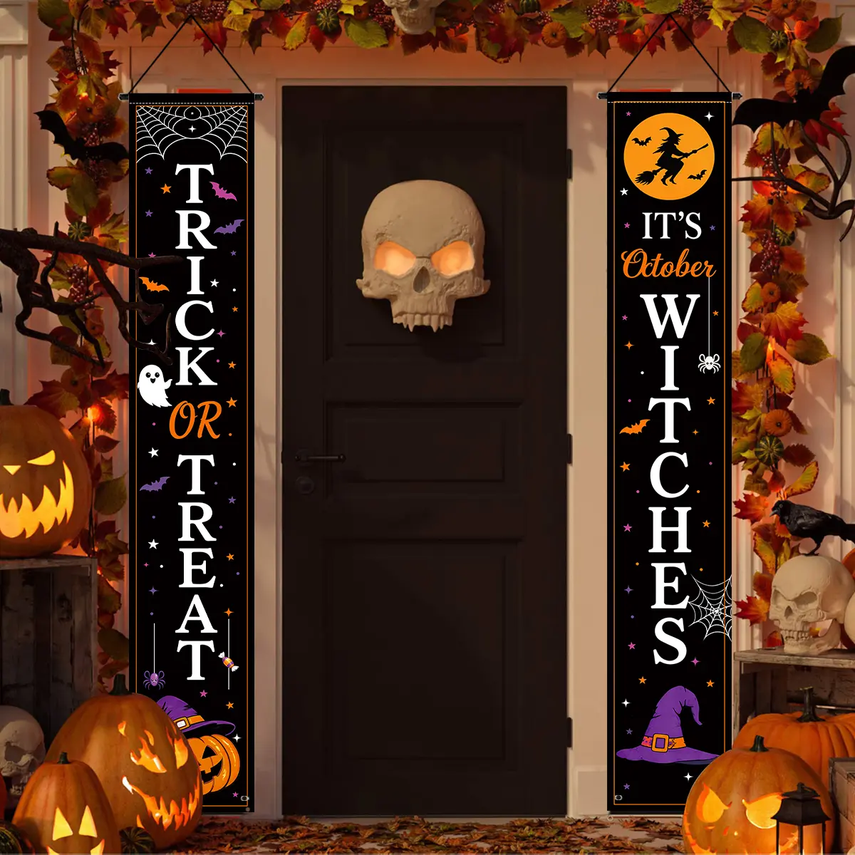 2Pcs Halloween Welcome Door Banner, Happy Halloween Porch Sign Decorations, 70.87 x 11.81 Inch Polyester Hanging Door Banners with Pumpkin Ghost Bat Skull, Outdoor Indoor Halloween Front Door Party Decor
