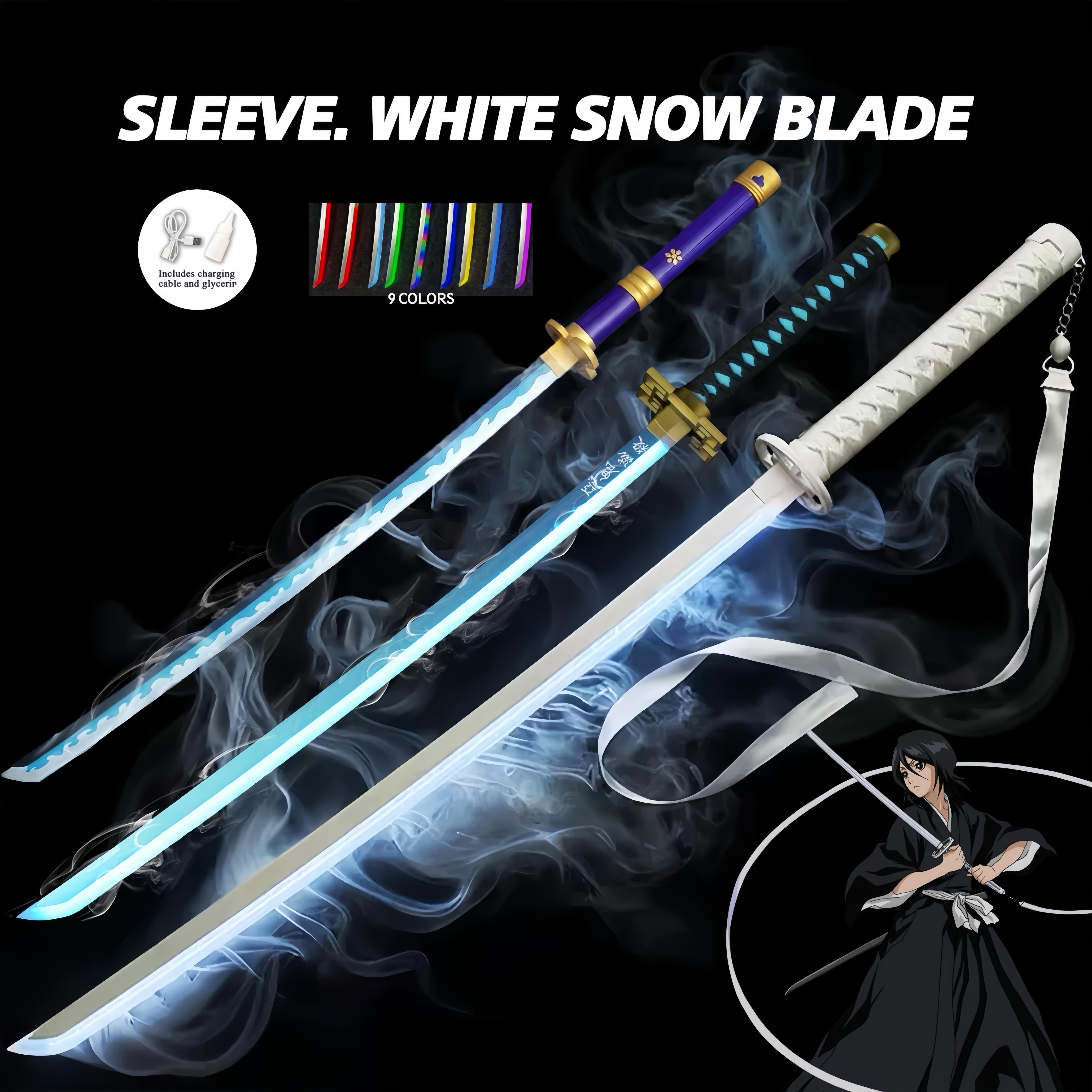 Bleach Cosplay Prop: Rukia's Sode no Shirayuki. Includes scabbard, USB rechargeable LED lights, wooden blade with smoke vents, providing both light and smoke special effects.