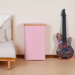 Laundry Basket, Bamboo Handle Clothes Basket with Lid, 29 Gallons (110 Liters), Large Foldable Basket for Bathroom, Bedroom, Dorm and Laundry Room, Pink