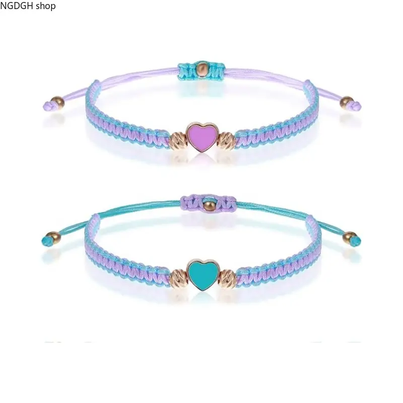 Macrame Jewelry 2-Pack Set for Friends & Couples, Unisex Adjustable Friendship Cords with Purple & Blue Enamel Hearts, Matching Pairs, Braided Hearts, Couples Sets, Bracelet, Bffs & Couples