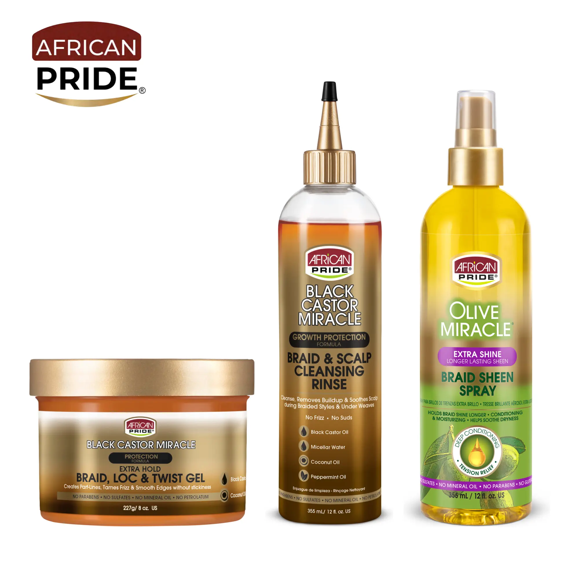 African Pride Protective Styles Bundle, 3-Piece Braid Care Set - Cleanse, Style & Shine for Braids, Locs & Twists - Braid & Scalp Cleansing Rinse 12 fl oz, Braid Loc & Twist Gel 8 oz, Braid Sheen Spray 12 fl oz with Black Castor Oil & Olive Oil