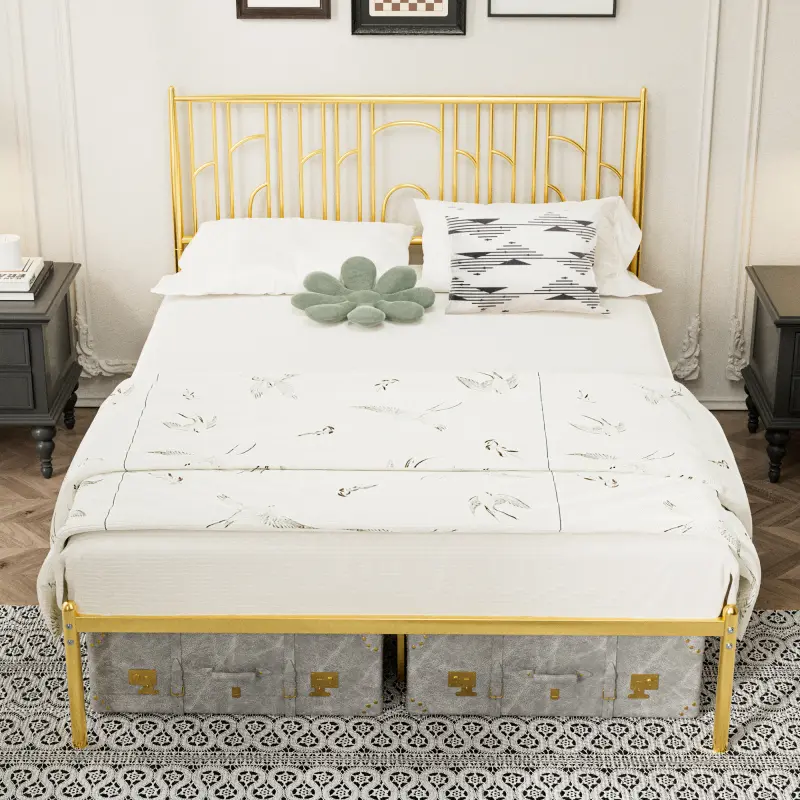 Metal Steel Platform Bed Frame with Iron-art Headboard Queen Size - Gold