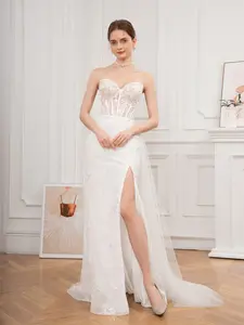 Heart Neckline Strapless Sequin Embroidered Flounce Slit Wedding Dress